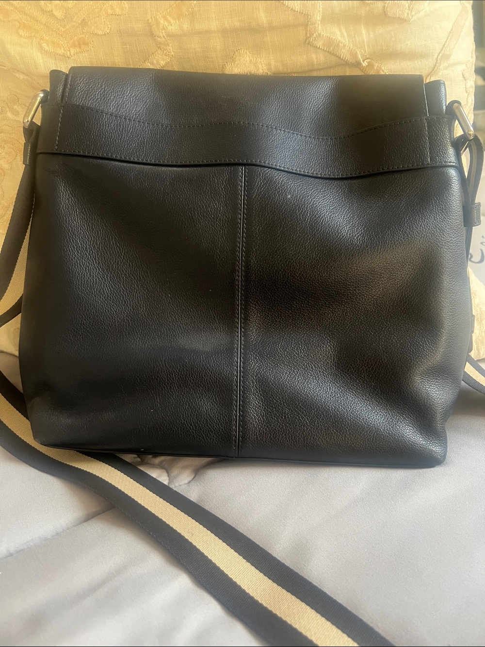 Coach Black Leather Messenger Bag with Tan and Brown Striped Strap - Picture 4 of 7